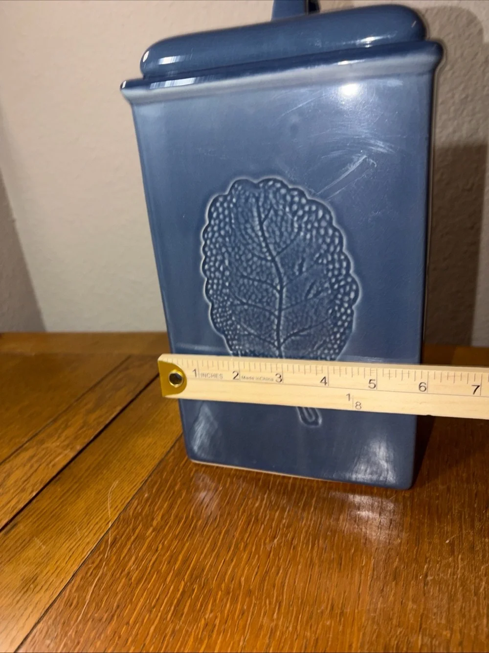 Vintage Lillian Vernon Kitchen Canister Blue Embossed Leaf Ceramic 11” - Picture 6 of 10